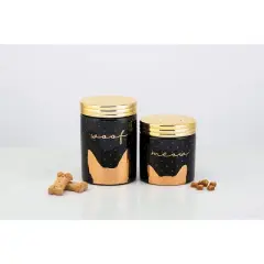 Amici Pet Meow Cat Ceramic Treats Canister Jar with Lid, 18 oz. , Black Gold