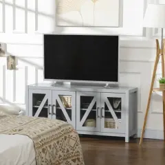 HOMCOM TV Cabinet Stand for TVs up to 58", Entertainment Center with Adjustable Shelves, 4 Glass Doors and 4 Cable Holes for Living Room, Gray