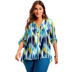 June + Vie Women&rsquo;s Plus Size Roll-Tab Popover Tunic, 22/24 - Turq Brushed Ikat