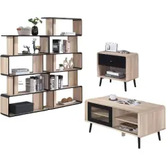 Kings Brand Furniture Nathan 4-Piece Living Room Set with Bookcases, Coffee Table and End Table, Oak/Black