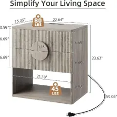 Fluted Nightstand, Side Table with 2 Drawer, Modern Farmhouse Nightstand with Open Shelves, Wood Nightstand for Bedroom Sofa Office