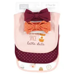 Hudson Baby Infant Girl Cotton Bib and Headband or Caps Set, Pumpkin Spice Date, One Size