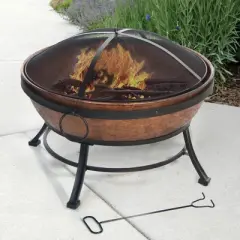 DeckMate 30371 Avondale Outdoor Patio Portable Steel Round Fire Bowl Fire Pit with Poker and Mesh Lid for Patios, Porches, Gardens, and Decks, Copper