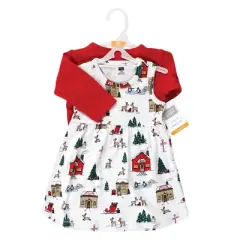 Hudson Baby Infant and Toddler Girl Cotton Dress and Cardigan Set, North Pole