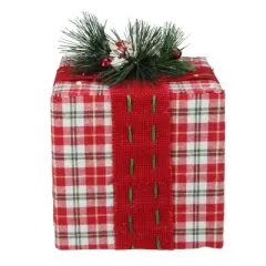 Northlight Plaid Gift Box with Pine Bow Christmas Decoration - 8" - Red and Green