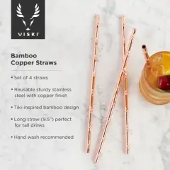Viski Stainless Cocktail Straws - Reusable Copper Straws - Eco-Friendly Bamboo Finish Metal Drinking Straws  9.5 Inch, Set of 4