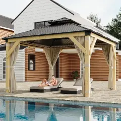 10 x 12 Ft Wood Gazebo with Nettings and Curtains for Backyard, Patio