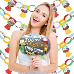 Big Dot of Happiness Cars, Trains, and Airplanes - Banner and Photo Booth Decorations - Transportation Birthday Party Supplies Kit - Doterrific Bundle