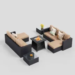 7pc Steel & Wicker Outdoor Set with Cushions & Fire Pit Table - Captiva Designs
