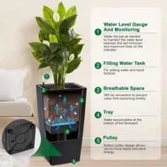 30" Tall Rectangular Planters Set of 2 &ndash; Large Modern Plant Pots with Drainage Holes, Water Level Monitor & Wheels, Black