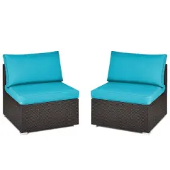 Tangkula 2PCS Patio Wicker Rattan Sectional Armless Chair Sofa w/ Turquoise Cushion