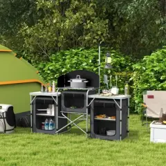 Outsunny Camping Kitchen Table, Portable Folding Camp Kitchen, Aluminum Cook Station with 3 Fabric Cupboards, Windshield, Carrying Bag