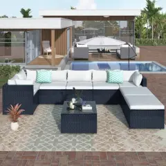 9pc Wicker Patio Seating Set with Cushions - Black/Beige - GODEER