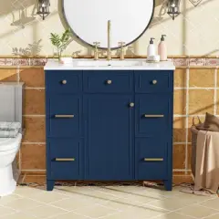 TIRAMISUBEST 36" Bathroom Vanity with Ceramic Sink, Freestanding Bathroom Vanity Cabinet with 1 Soft Close Door, Adjustable Shelves & 3 Drawers
