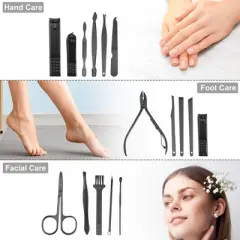 Unique Bargains Stainless Steel Pedicure Nail Clippers Scissors Tool Set Black with Gray PU Leather Black 16Pcs