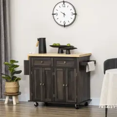 HOMCOM Kitchen Island on Wheels, Rolling Cart with Rubber Wood Top, Spice Rack, Towel Rack & Drawers for Dining Room, Brown Oak