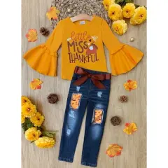 Girls Little Miss Thankful Patched Jeans Set - Mia Belle Girls