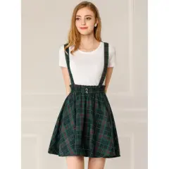 Allegra K Women's Plaid Pleated Mini Tartan Overall Skater Suspender Skirt