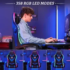 Hoffree Upholstered Massage Gaming Chair Ergonomic Office PC Chair with Bluetooth Speaker & RGB Light