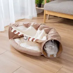 LOVSON Foldable Cat Tunnel Bed, Indoor Cat Use Only, Cat Hideaway Tunnel with Hanging Toy and Soft Cushion Pad, Washable, Coffee Brown