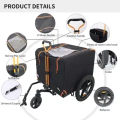 Whisen 2-in-1 Bike & Pull-Behind Pet Trailer, Convertible Dog/Cat Carrier with Detachable Hitch & Towing Handle, All-Terrain Wheels - Orange & Black