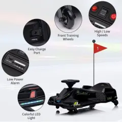 24V Ride on Drift Car, Kids Electric Drifting Go-Kart High/Low Variable Speed, Music,Front+Tail LED Light,Low-Power Alarm