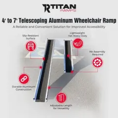 Titan Ramps 4' to 7' Telescoping Aluminum Wheelchair Ramp with 600 lb. Capacity and Carrying Bag, Sections Lock Into Place Once Expanded