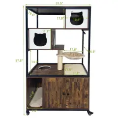 Hidden Litter Box Enclosure with Cat Tree - Wooden Cabinet w/Wheels, Hammock & Scratching Post, Retro Brown