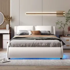 Upholstered Faux Leather Platform Bed with LED Light Bed Frame with Slatted-ModernLuxe