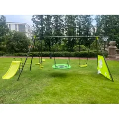 YUHAO Children Six Function Swingset with Net Swing Metal Plastic Safe Swing Set 440lbs , Outdoor Toys，Age 3+ ，31.5in Green and Blue