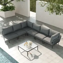 LayinSun 7 Pieces Rope Woven Patio Furniture Set, Modern Modular Sectional Sofa with Coffee Table and Upgrade Thickness Cushion