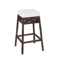 JONATHAN Y Bali Bohemian Basics Rattan Backless Bar Stool, White Cushion with Dark Brown Woven Frame