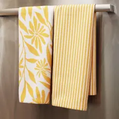 Geometry Tea Towel Set Ivy: Modern Floral & Stripe Quick Dry Microfiber Kitchen Towels, 2-Piece, Yellow