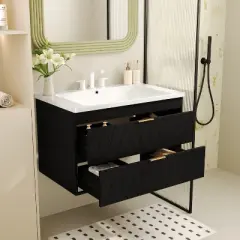 30"W Floating Bathroom Vanity with Resin Sink, Wall Mounted Bathroom Cabinet with 2 Drawers, Black/Green-ModernLuxe