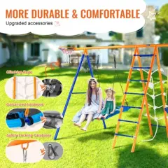 TopComfy Playground Swings 6 in 1 Swing Set with Climbing Net and Trapeze for Backyard Fun, Multicolored, 53.22"*18.19"*7.95"