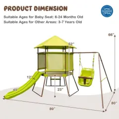 Infans 4-in-1 Swing Set w/ Covered Playhouse Fort Height Adjustable Baby Seat Slide