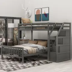 Twin Over Full Bunk Bed With Storage Staircases, Wooden Loft Bed Frame For Kids Teens Bedroom Guest Room Furniture No Box Spring Needed Easy Assembly