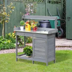 NicBex Outdoor Potting Bench Table Garden Planting Work Bench Table with Storage Cabinet and Side Hooks,Sturdy Steel Tabletop,Gray