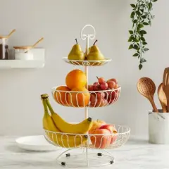 Juvale Large White Fruit Basket for Kitchen Counter, Metal 3 Tiered Fruit Stand for Countertop, Fresh Produce, Fruits, 18 In