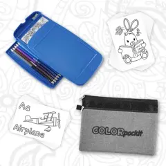 Kaplan Early Learning COLORpockit Portable Coloring Kit with Storage Bag & Bonus ABC Learning Cards - Blue - 44 Pieces