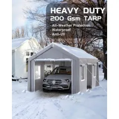 10 x 20 x 11 Ft Heavy-Duty Carport, Portable Garage with 180g PE Waterproof Canopy and 8 x 1.0 mm Poles for Pickup Trucks, Boats, SUVs - White.