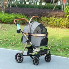 PawHut 3 in 1 Dog Stroller with Detachable Cabin, 4 Wheel Folding Lightweight Pet Stroller with Adjustable Canopy, Rubber Wheels, for Small Dogs, Gray