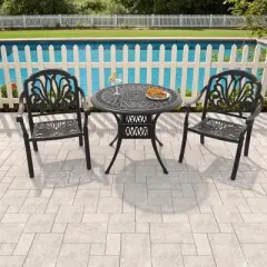 3-Piece Cast Aluminum Outdoor Dining Set with Brown Cushions, Round Table & Stackable Chairs - for Patio, Backyard