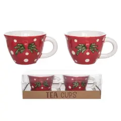 Transpac Dolomite Christmas Mushroom Tea Cups Set of 2 Decorative Ceramic Mugs Multicolor 7.8oz for Holiday Cheer