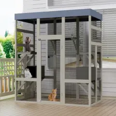 ORRD 62.6" Gray Wooden Outdoor Catio with Waterproof Roof, Secure Pet Enclosure with Houses & Rust-Proof Wire