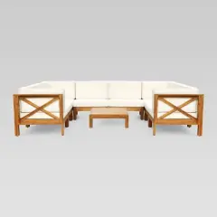 Brava 9pc Acacia Sectional Sofa Set - Teak/Beige - Christopher Knight Home