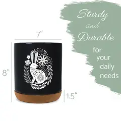 Elanze Designs 8 inch Floral Rabbit Leaf Dot Pattern Large Ceramic Kitchen Utensil Holder Black and White Crock with Cork Base