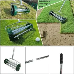 Heavy Duty Rolling Lawn Aerator Gardening Tool with 3-Piece Long Steel Handle for Garden Yard