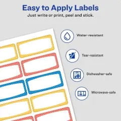 Avery Durable Labels for Kids' Gear, 3/4" x 1-3/4", Assorted Border Colors, Water-Resistant Labels, 4 Packs, 240 Rectangle Labels Total (21944)