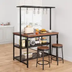 Coolmee 42/47 inch Kitchen Island with Storage & Seating - 3-Tier Bakers Rack, Microwave Stand, Dining Table for 4, 5 Hooks & 50lb Capacity